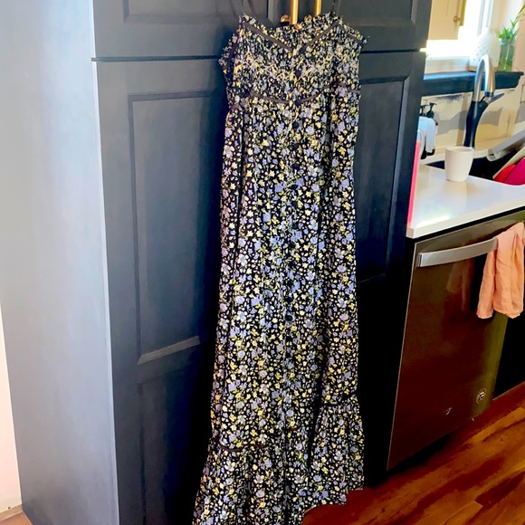 midi dress design Mac Duggal - Pink Floral Strapless Ruffle Midi Dress